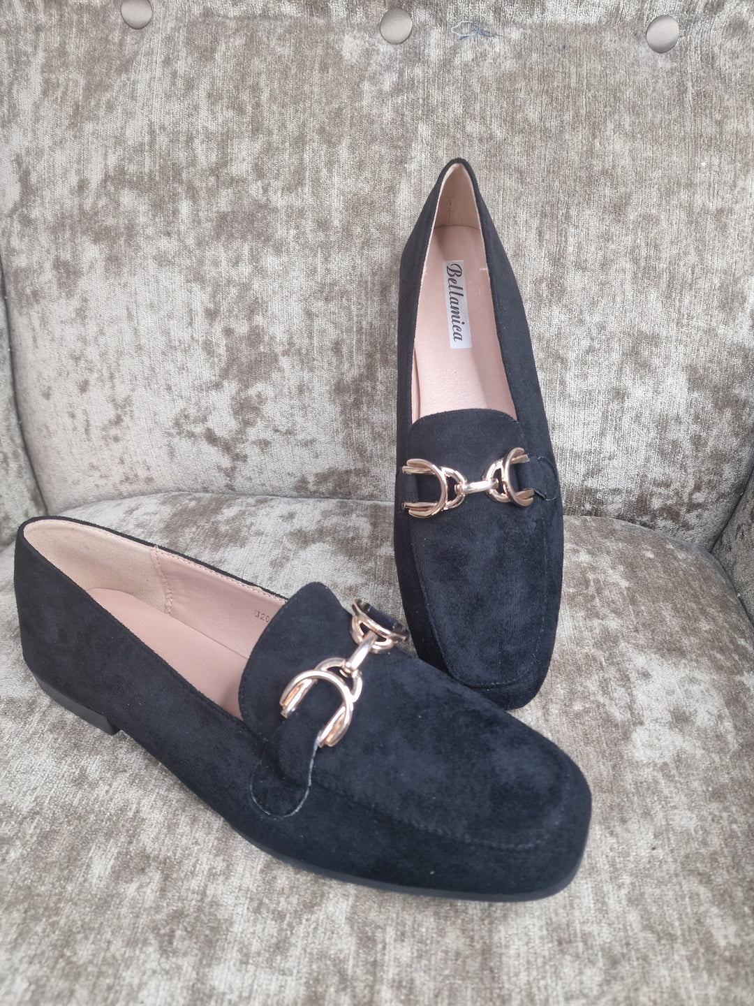 Faux Suede Buckle Black Loafers