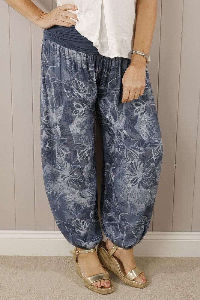 Tropical Print Harem Pants Denim