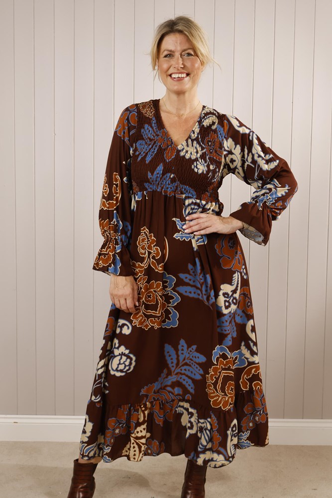 Shirred Floral Maxi Dress Chocolate