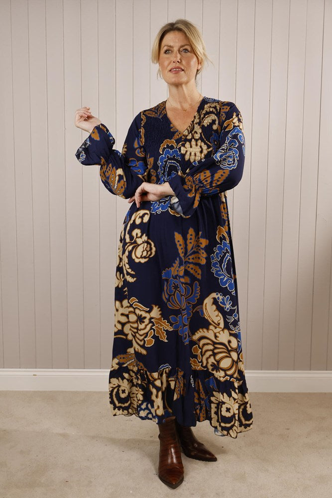 Shirred Floral Maxi Dress Navy