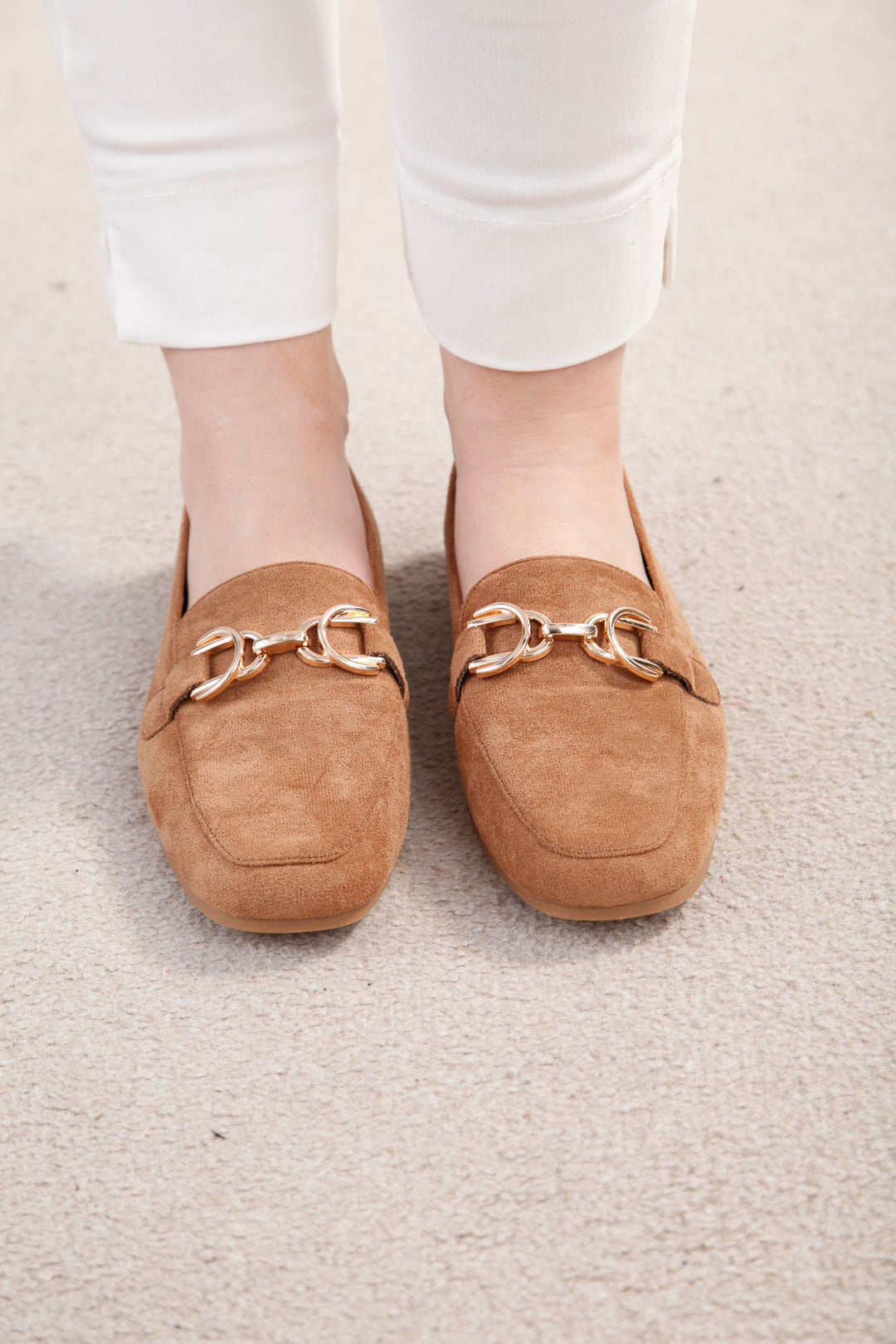 Faux Suede Buckle Tan Loafers
