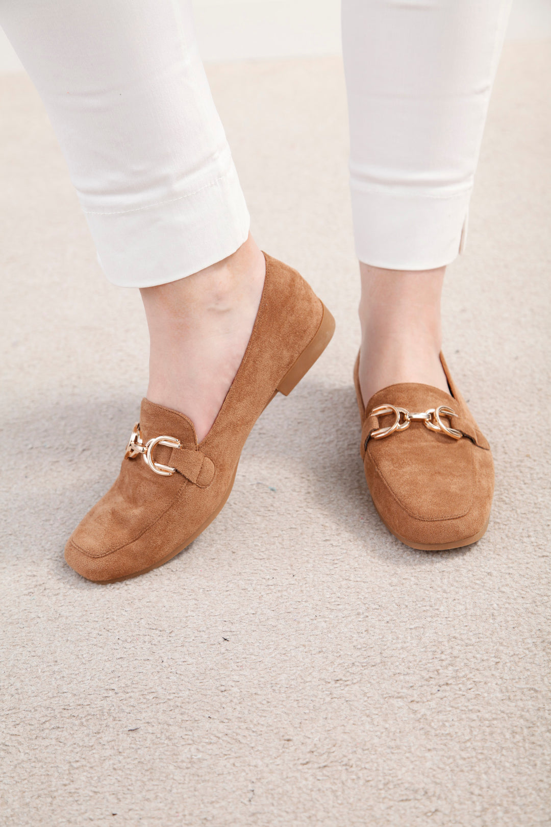 Faux Suede Buckle Tan Loafers