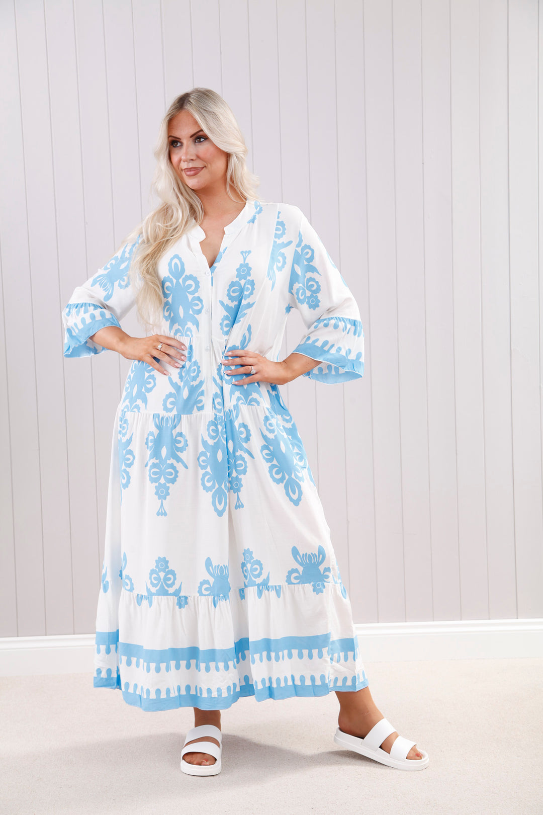 Blue Damask Print Maxi Dress
