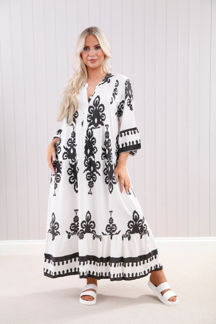 Black Damask Print Maxi Dress