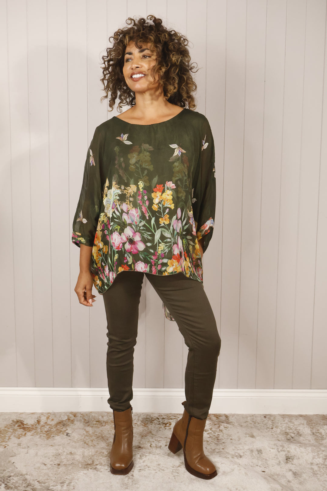 Sammie Silk Floral Top Khaki