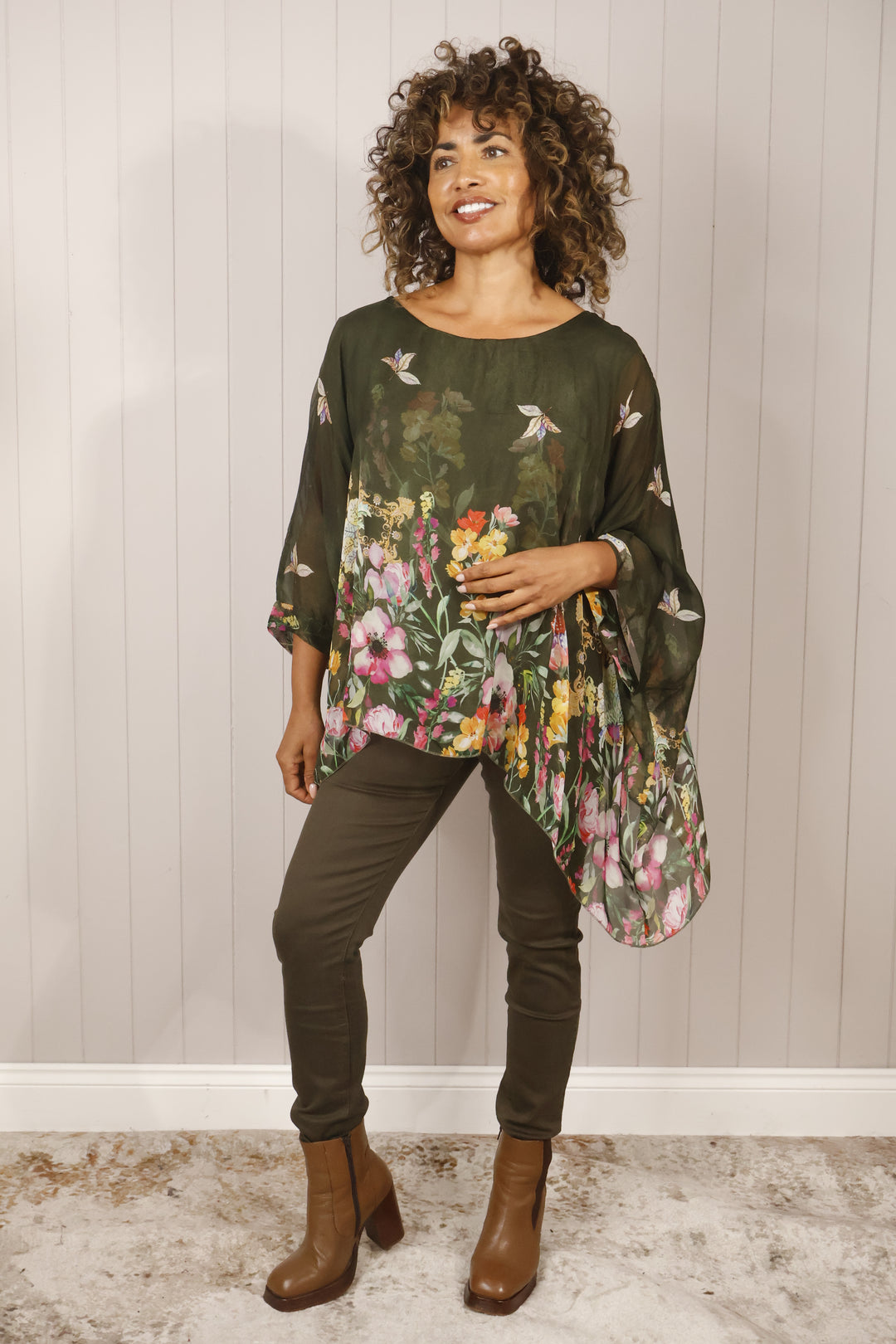 Sammie Silk Floral Top Khaki