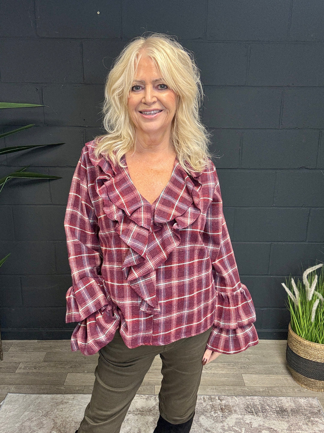 Josephine Tartan Ruffle Top Plum