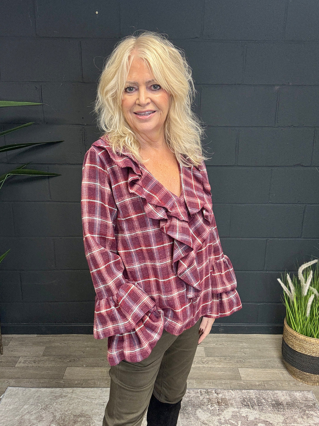 Josephine Tartan Ruffle Top Plum