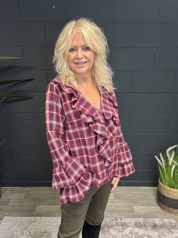 Josephine Tartan Ruffle Top Plum