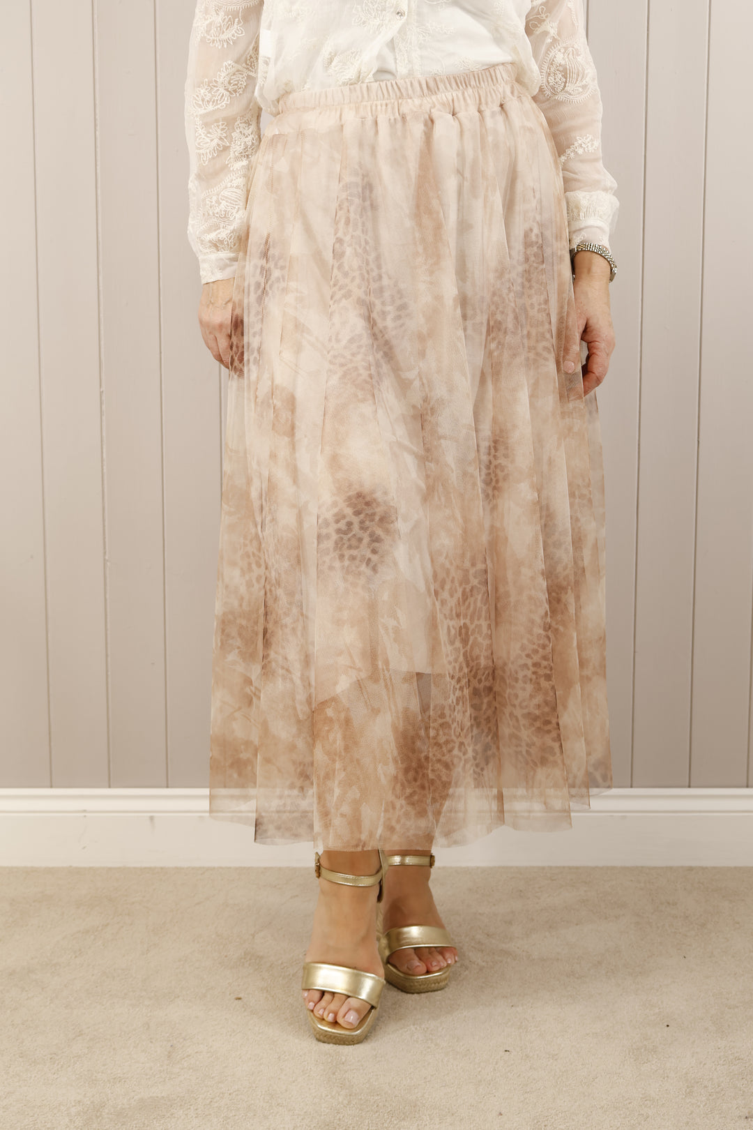 Animal Print Tulle Skirt Beige