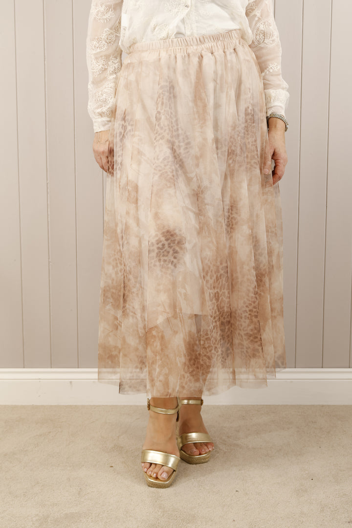 Animal Print Tulle Skirt Beige