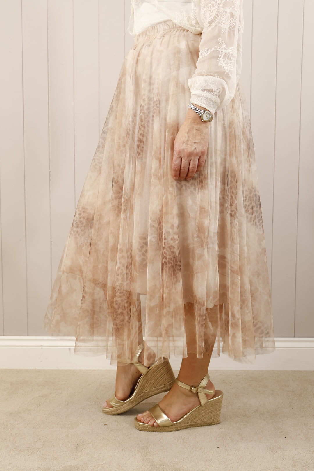 Animal Print Tulle Skirt Beige