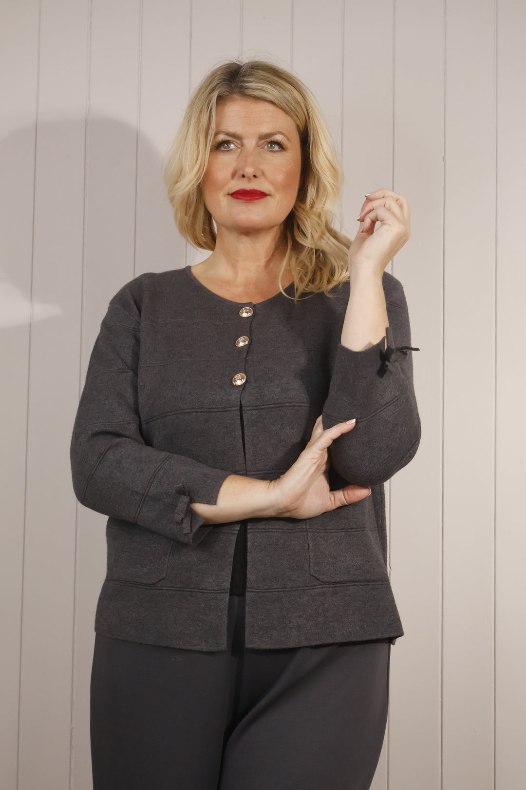 Gloria Gold Button Cardigan Grey