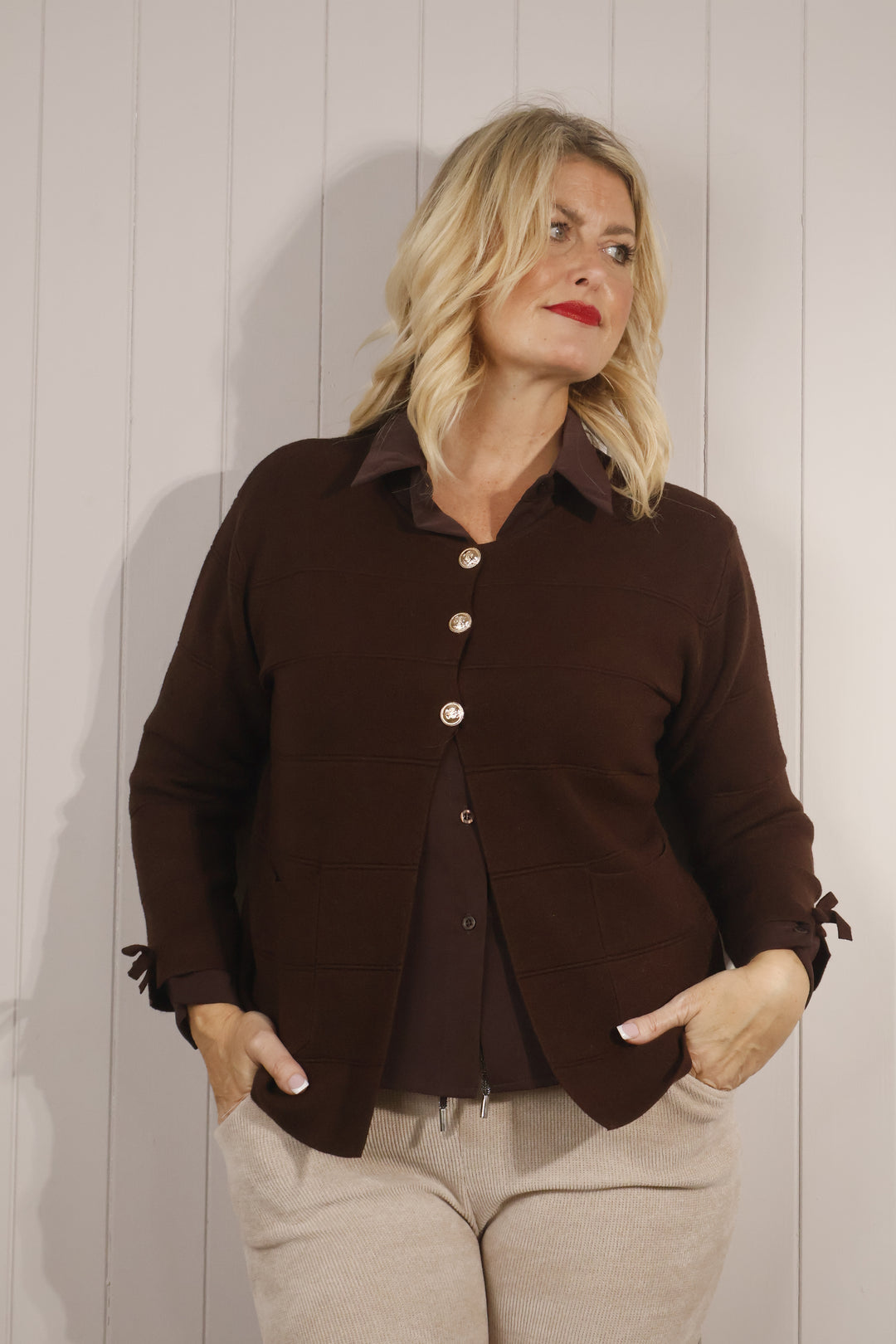 Gloria Gold Button Cardigan Chocolate