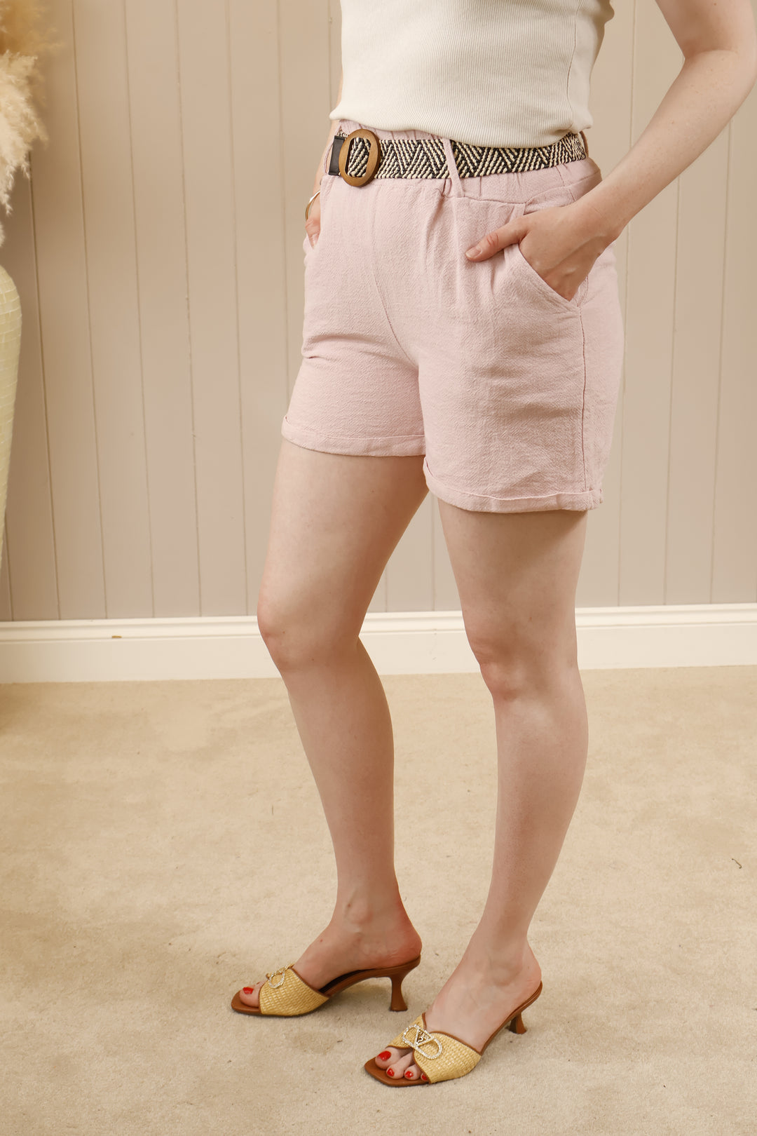 Belted Cotton Shorts Pink
