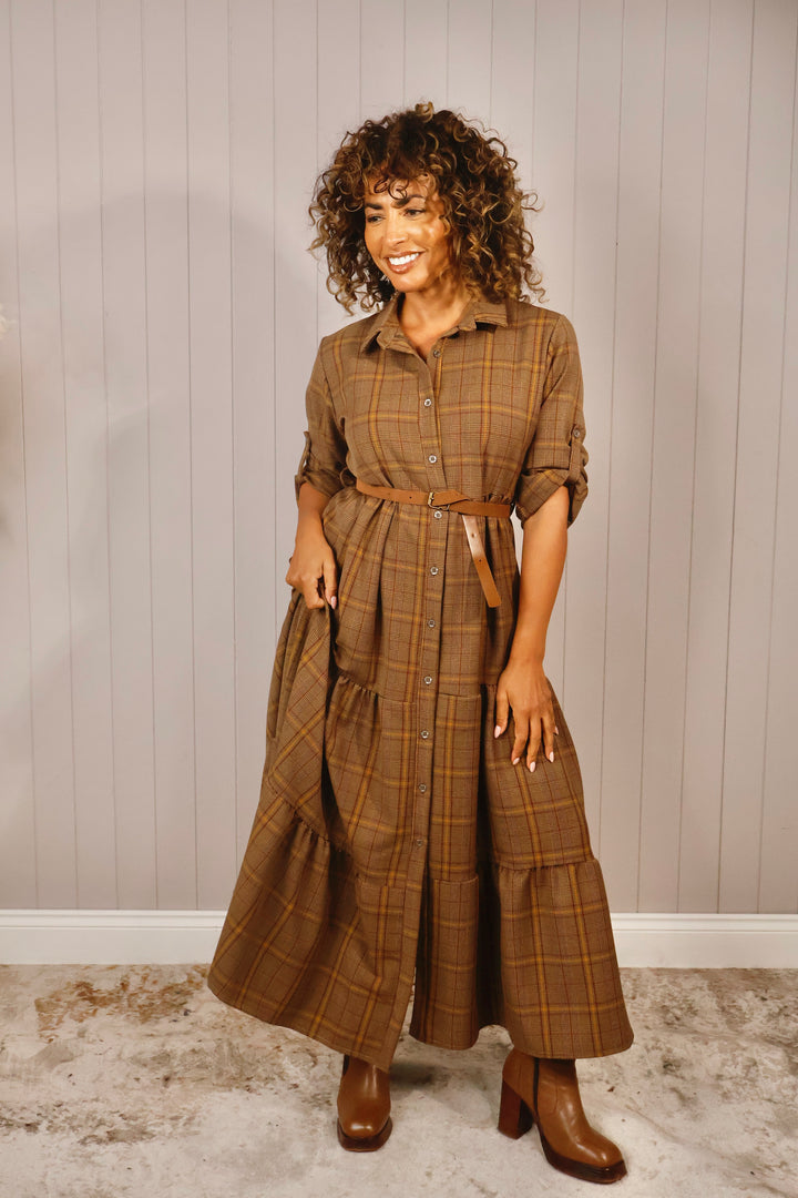 Mireille Belted Tartan Dress Chocolate