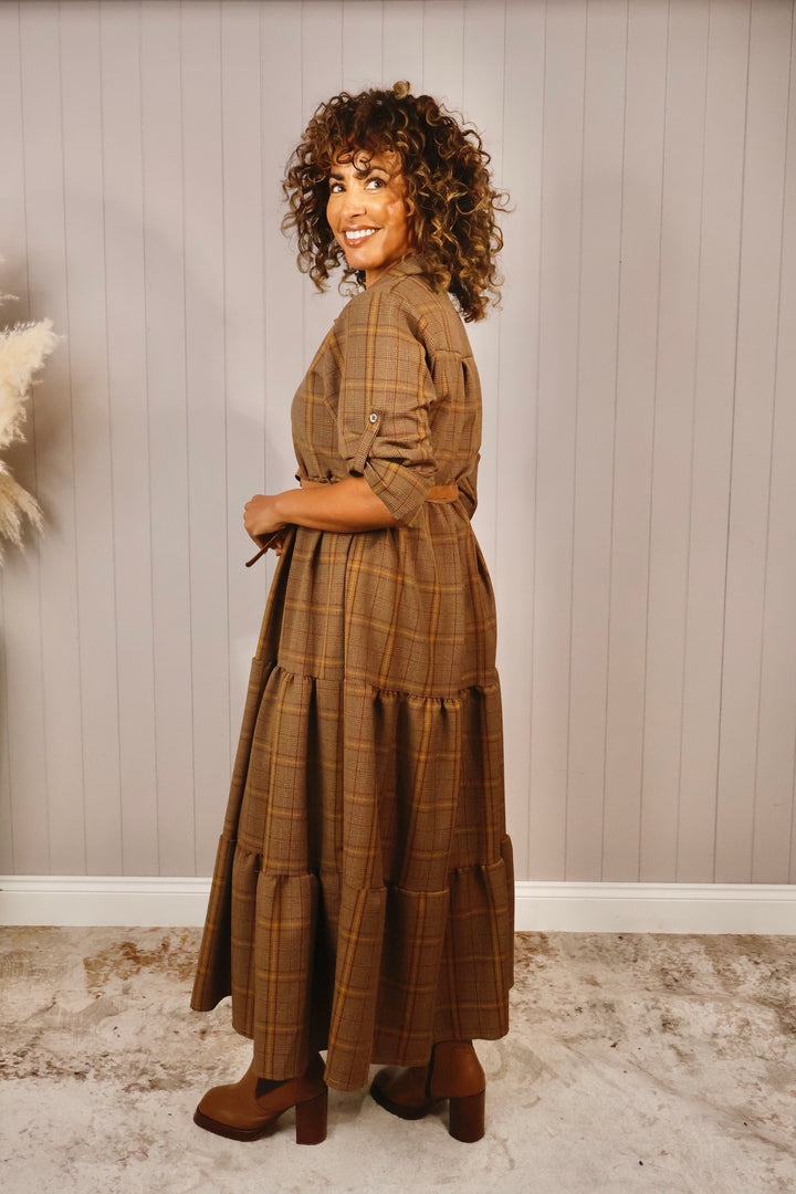 Mireille Belted Tartan Dress Chocolate