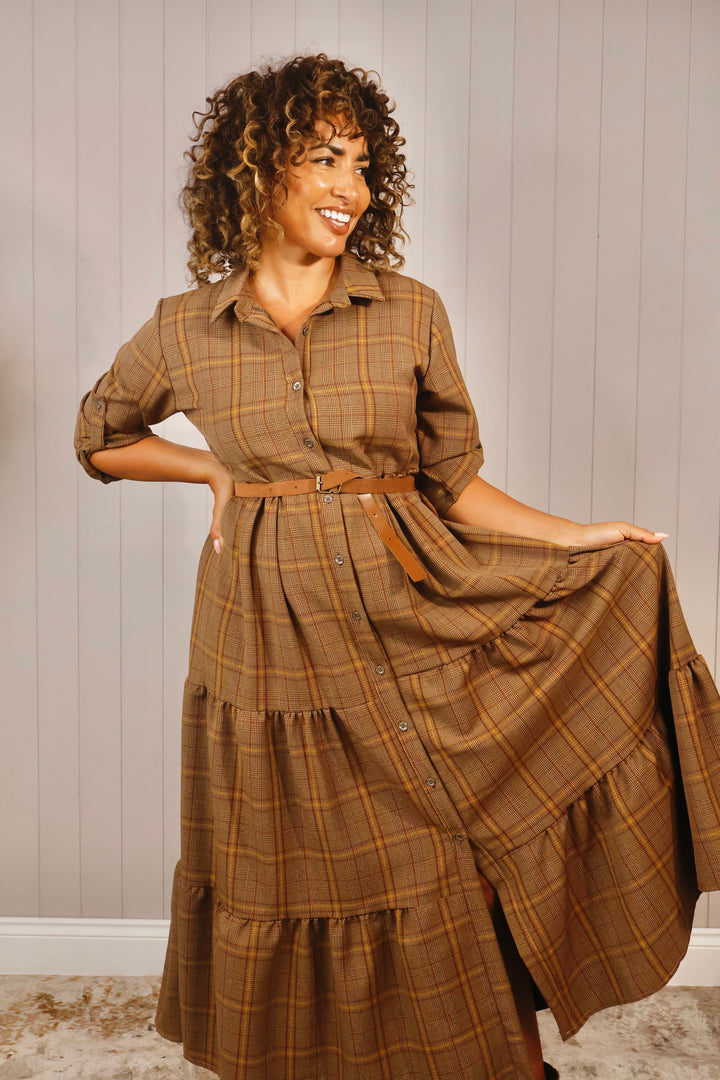 Mireille Belted Tartan Dress Chocolate