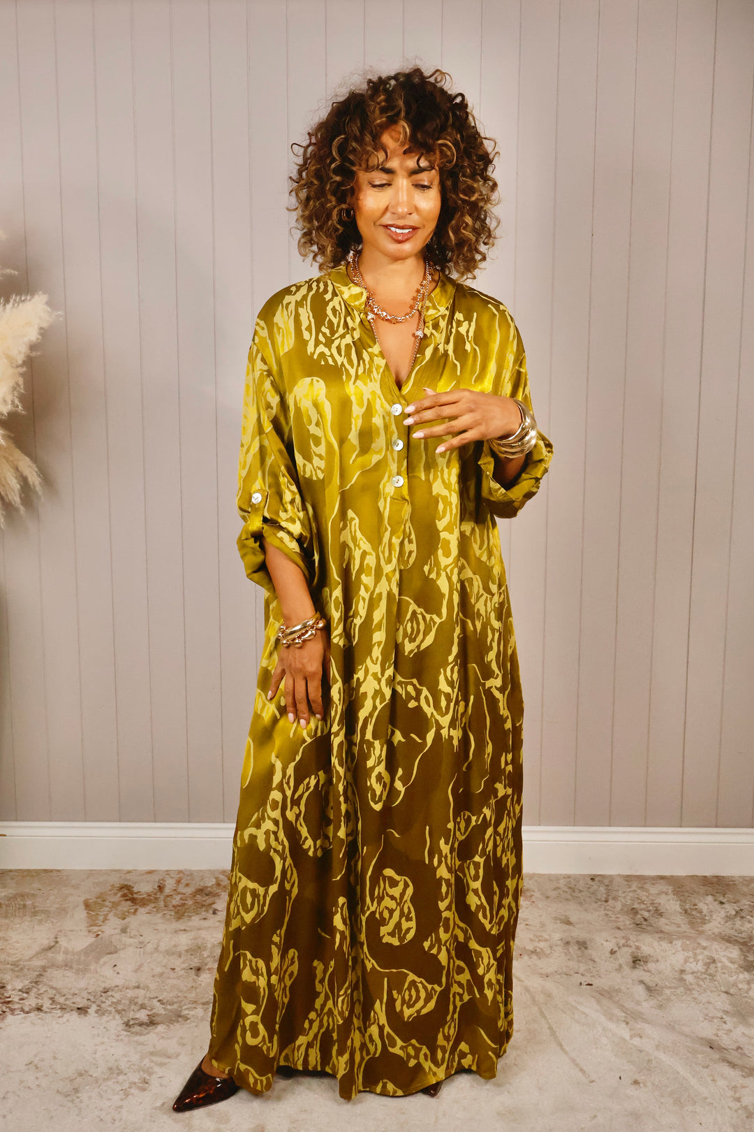 Valeria Abstract Dress Olive Gold