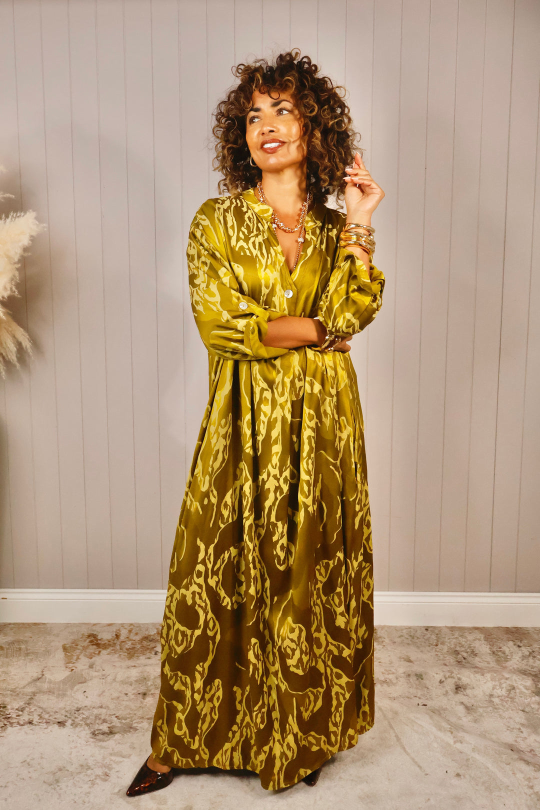 Valeria Abstract Dress Olive Gold