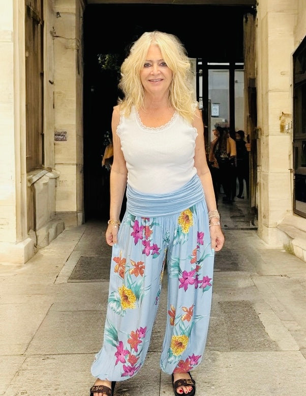 Hawaiian Flower Harem Pants Blue