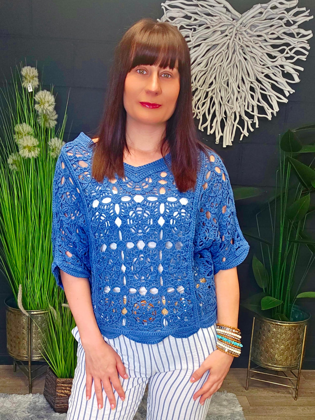 Flower V Neck Layering top Denim