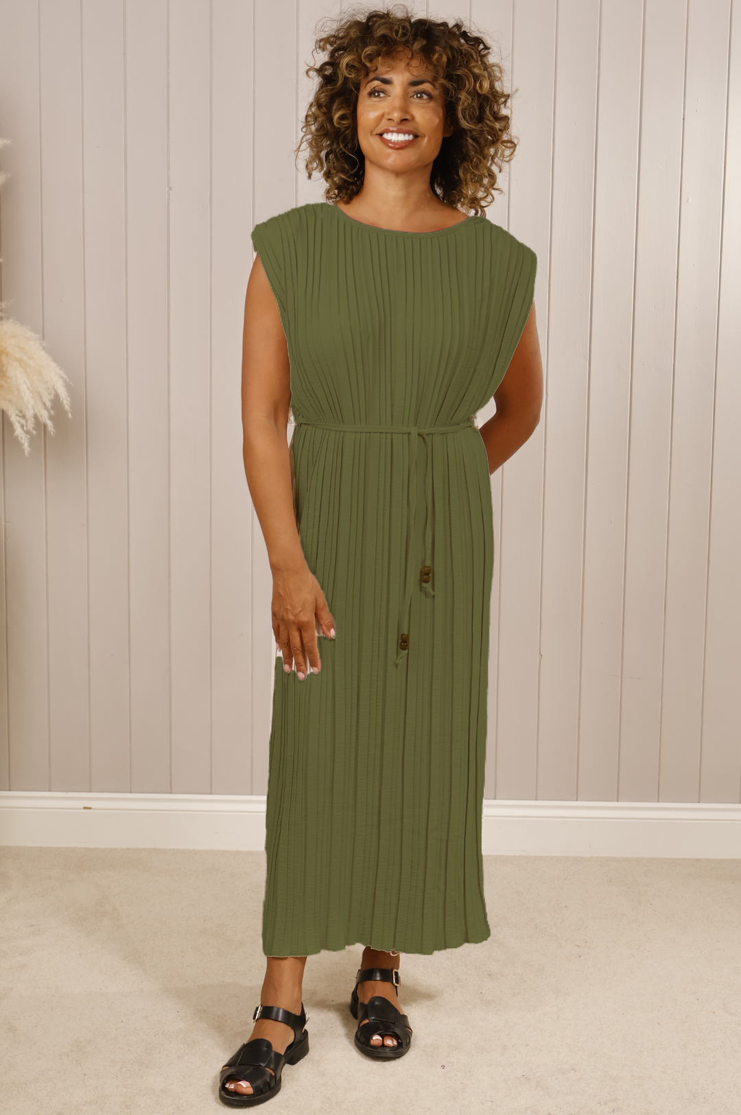 Mireya Pleated Midi Dress Khaki