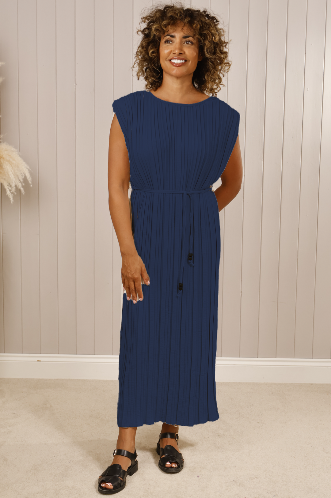 Mireya Pleated Midi Dress Navy