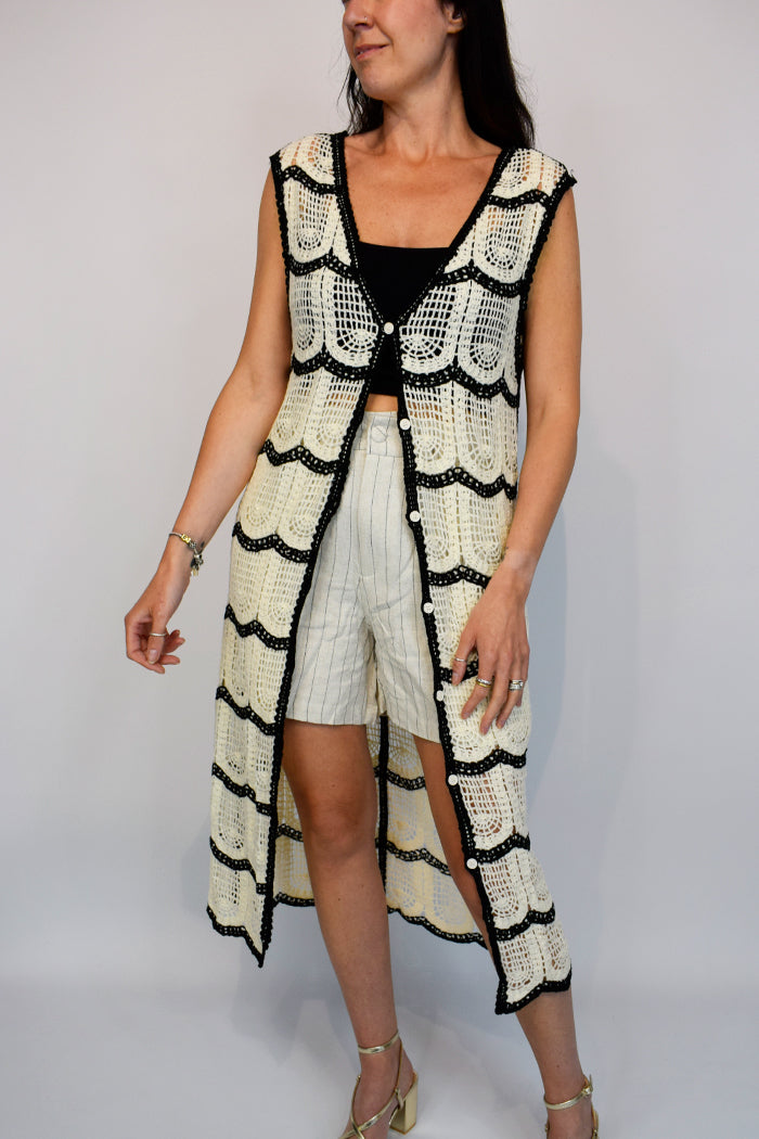 Long Sleeveless Crochet Cardigan Cream