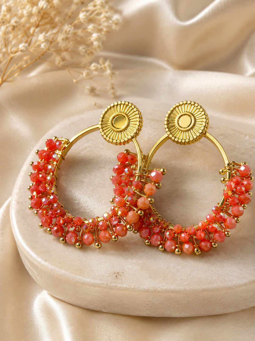 Coral Beaded Hoop Earrings