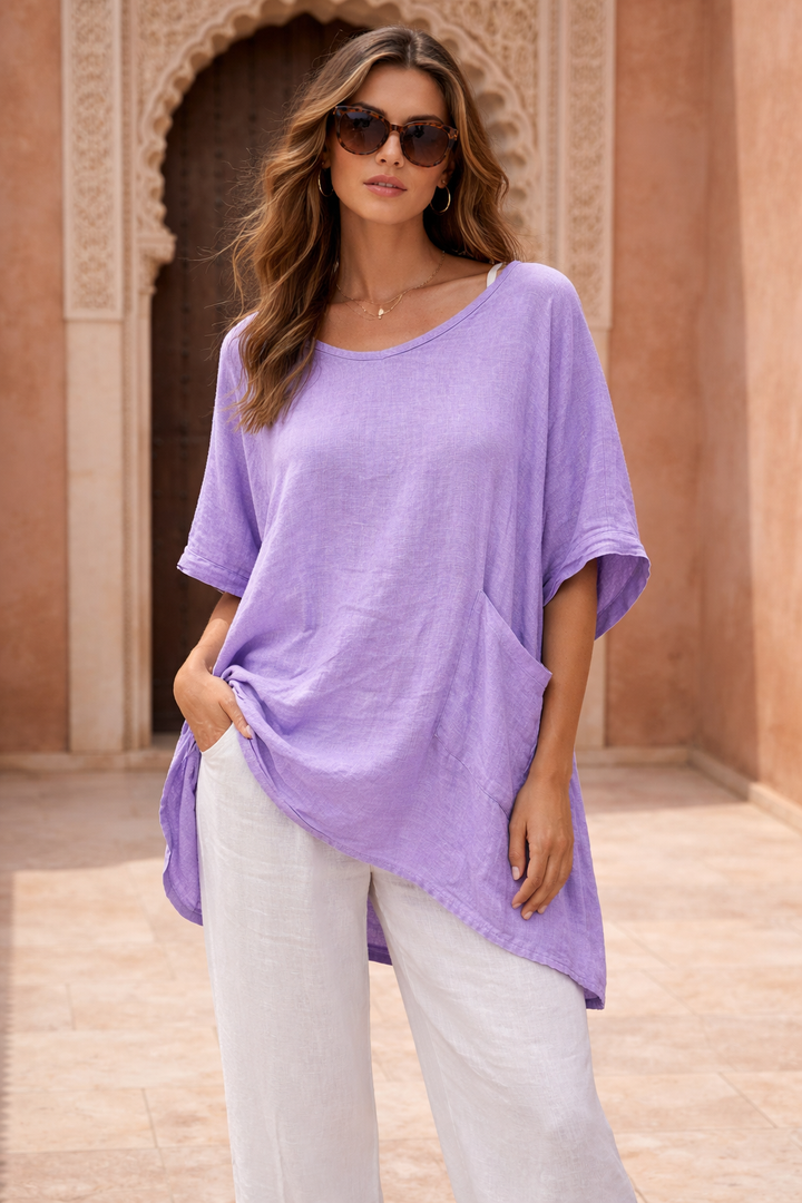 Linen Pocket V-Neck Top Lilac