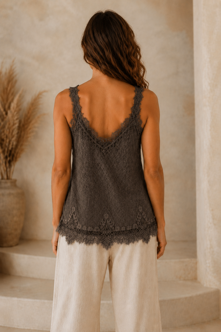 Etta Linen Lace Top Dark Chocolate