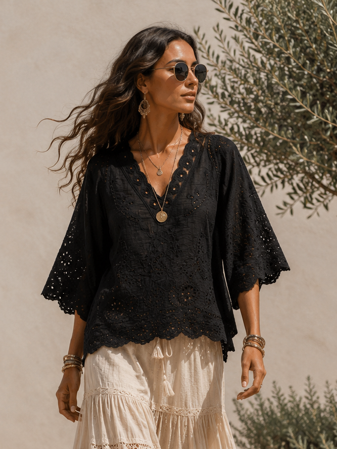 Cotton Scallop Edge Top Black