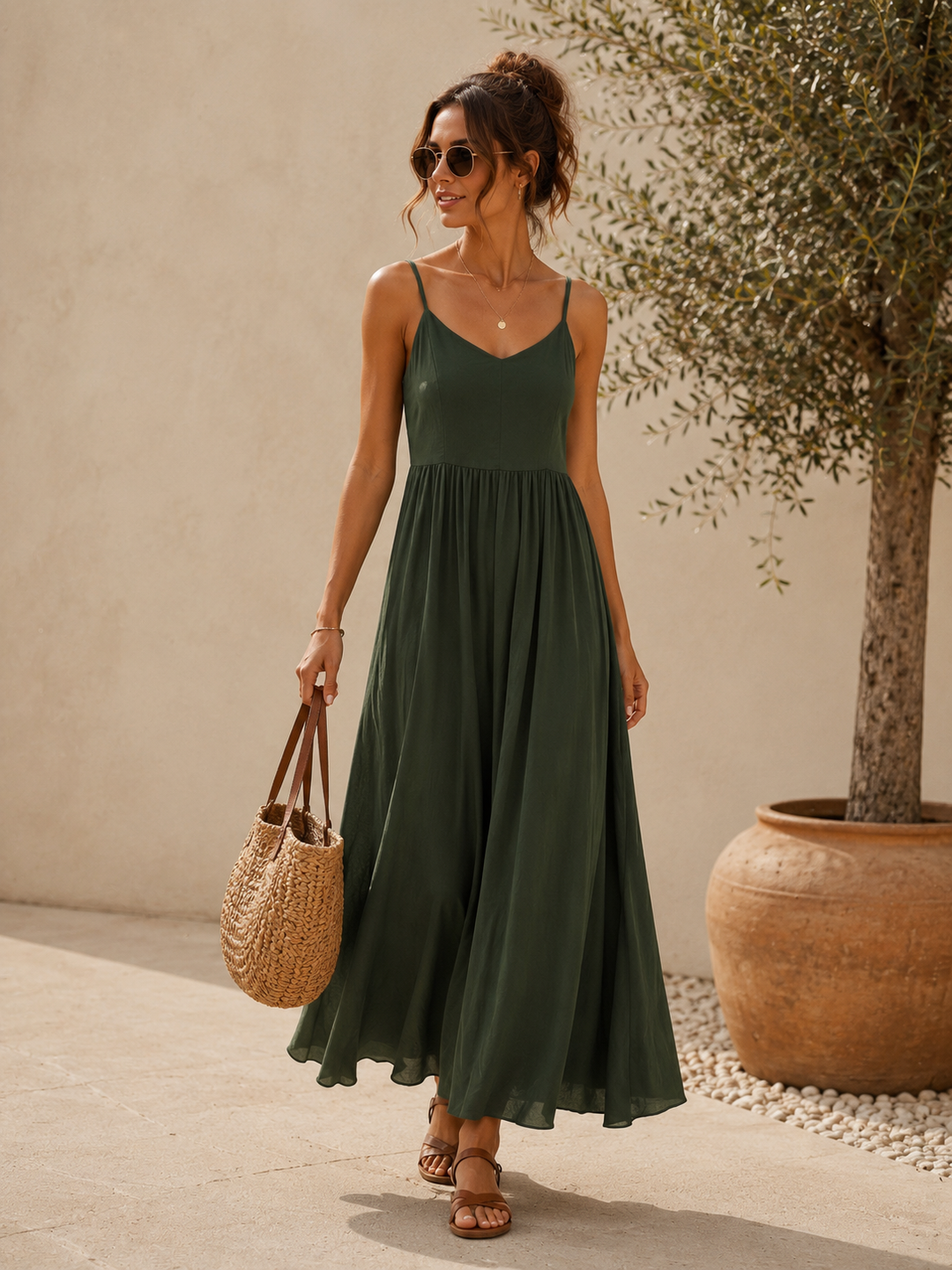 Zara Shirred Maxi Dress Khaki