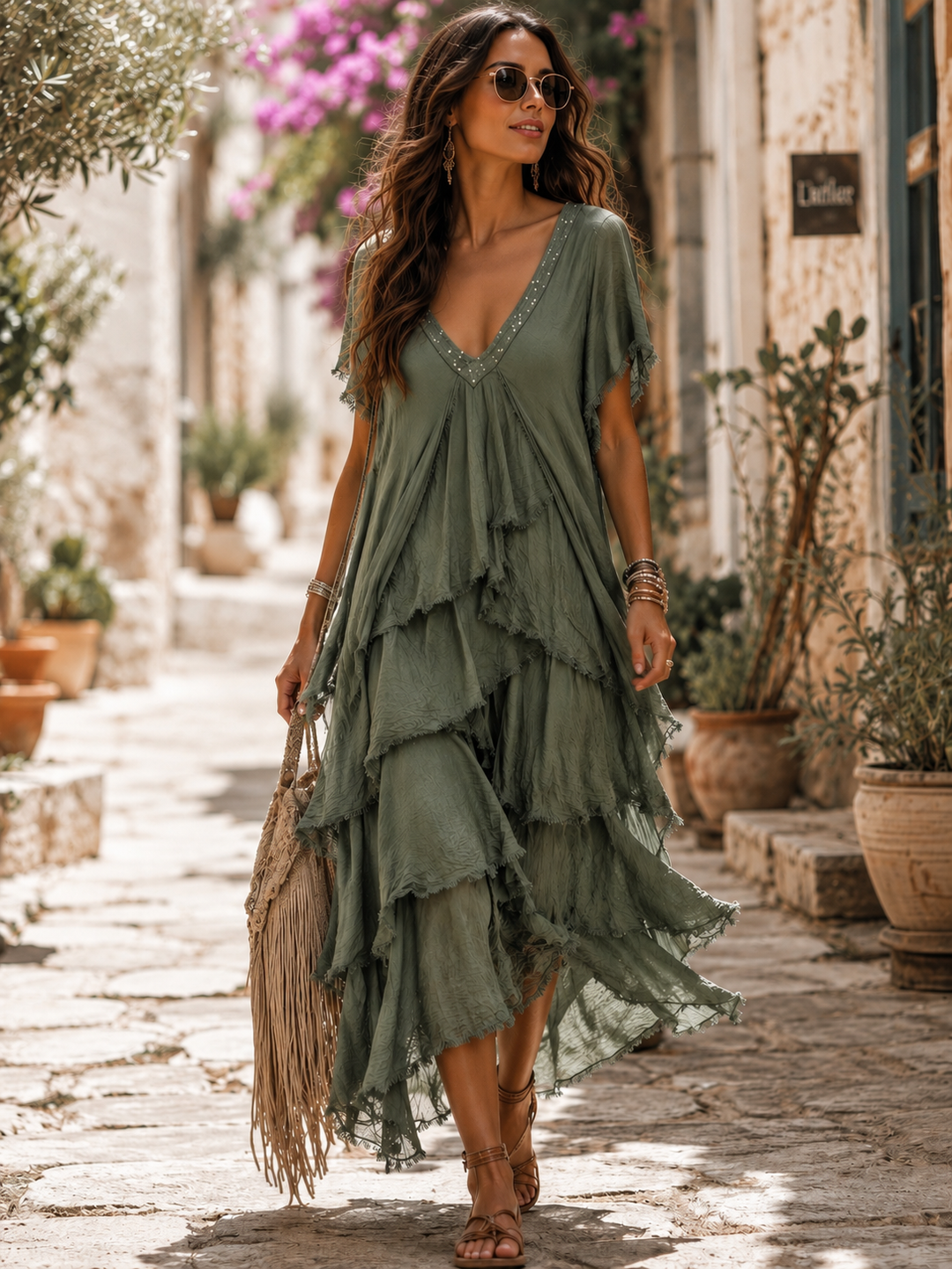 Sorelle Silky Ruffle Dress Khaki