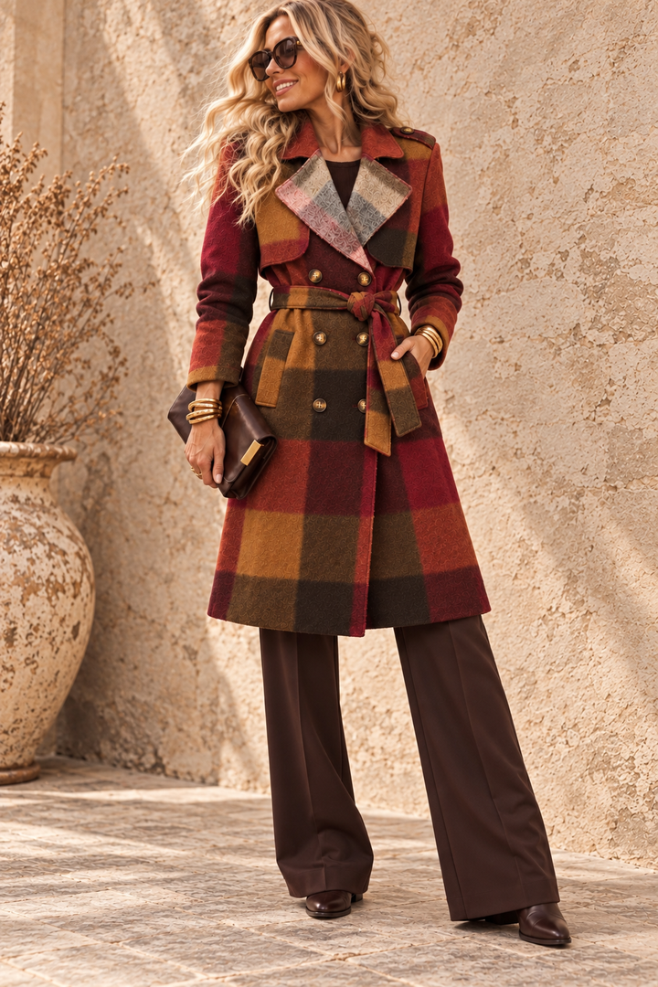 Roma Checked Coat Burgundy
