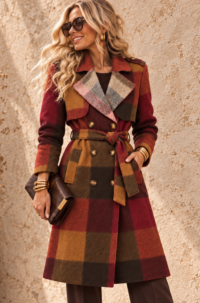 Roma Checked Coat Burgundy