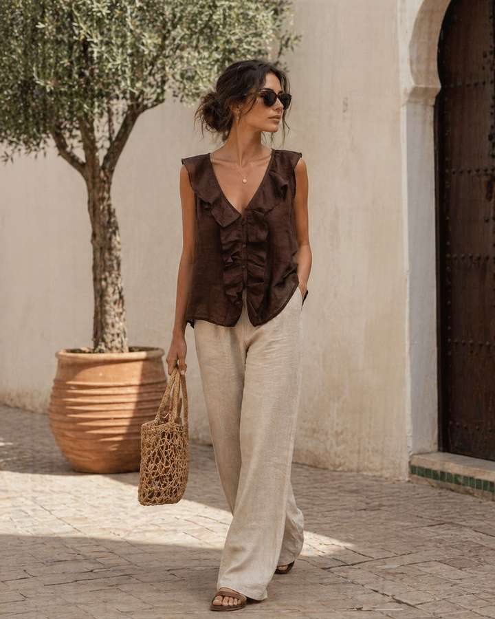 Lorenza Linen Ruffle Top Chocolate