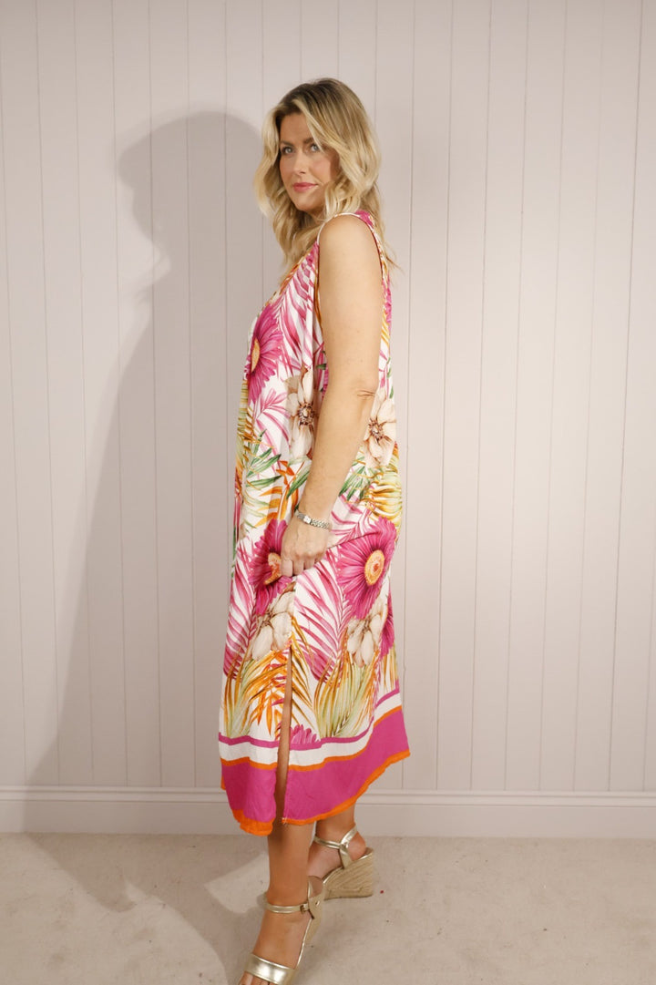 Floral Tropical Sleeveless Dress Fuchsia
