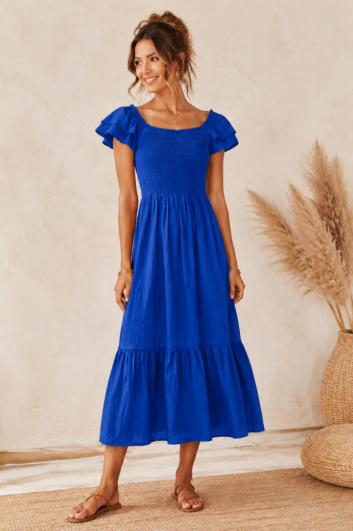 Bardot Smock dress Midi Royal Blue