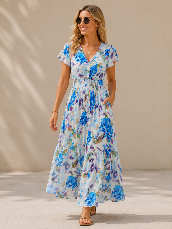 Claudia Floral Shirred Maxi Dress Blue