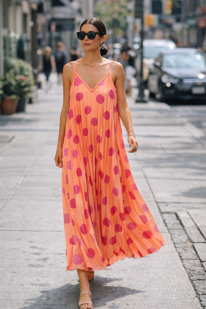 Arezzo Pleated Polka Dot Dress Peach