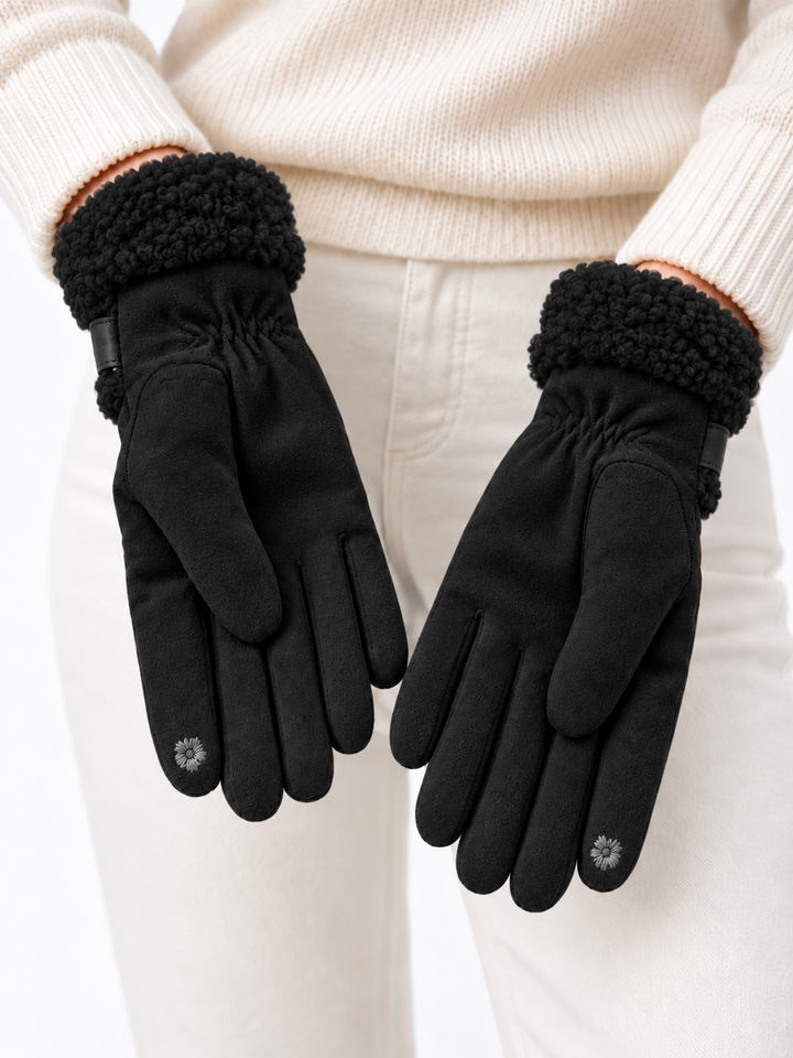 Faux Fur Buckle Gloves Black
