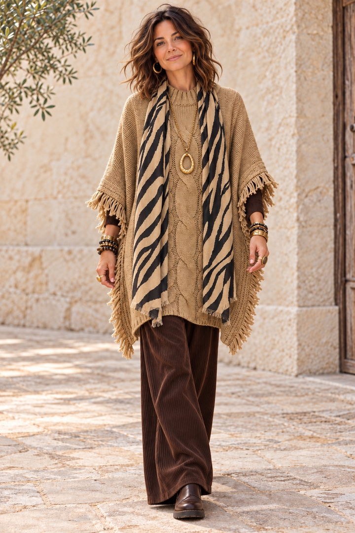 Chelsea Cable Knit Poncho Camel