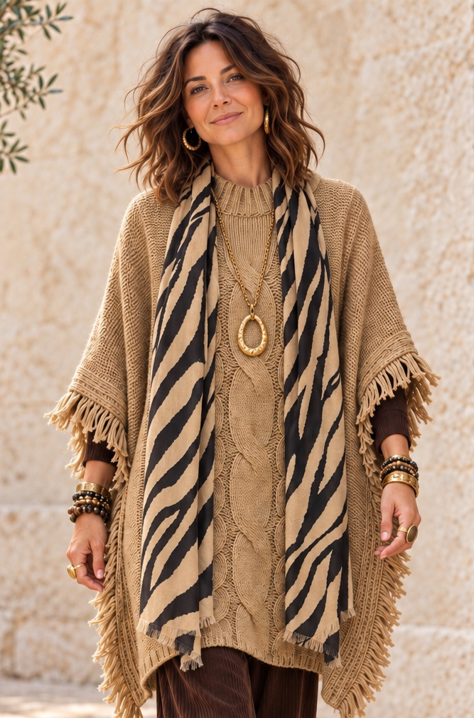 Chelsea Cable Knit Poncho Camel