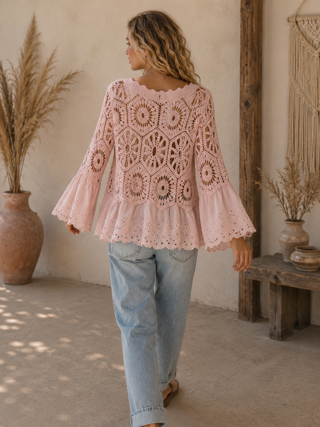 Mae Broderie Crochet Cardigan Pink