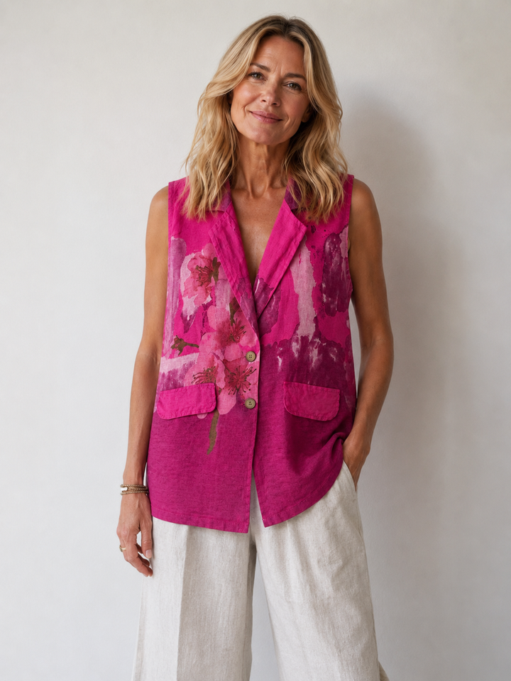 Linen Floral Waistcoat Fuchsia