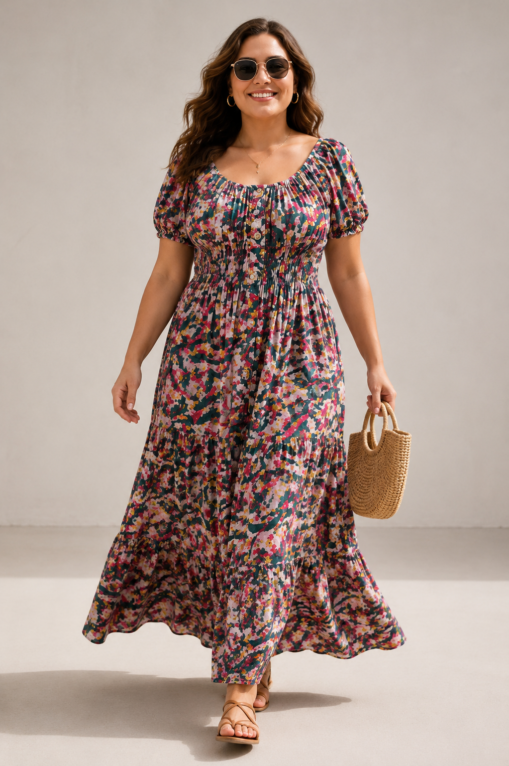 Mara Shirred Maxi Dress Emerald, Red & Gold