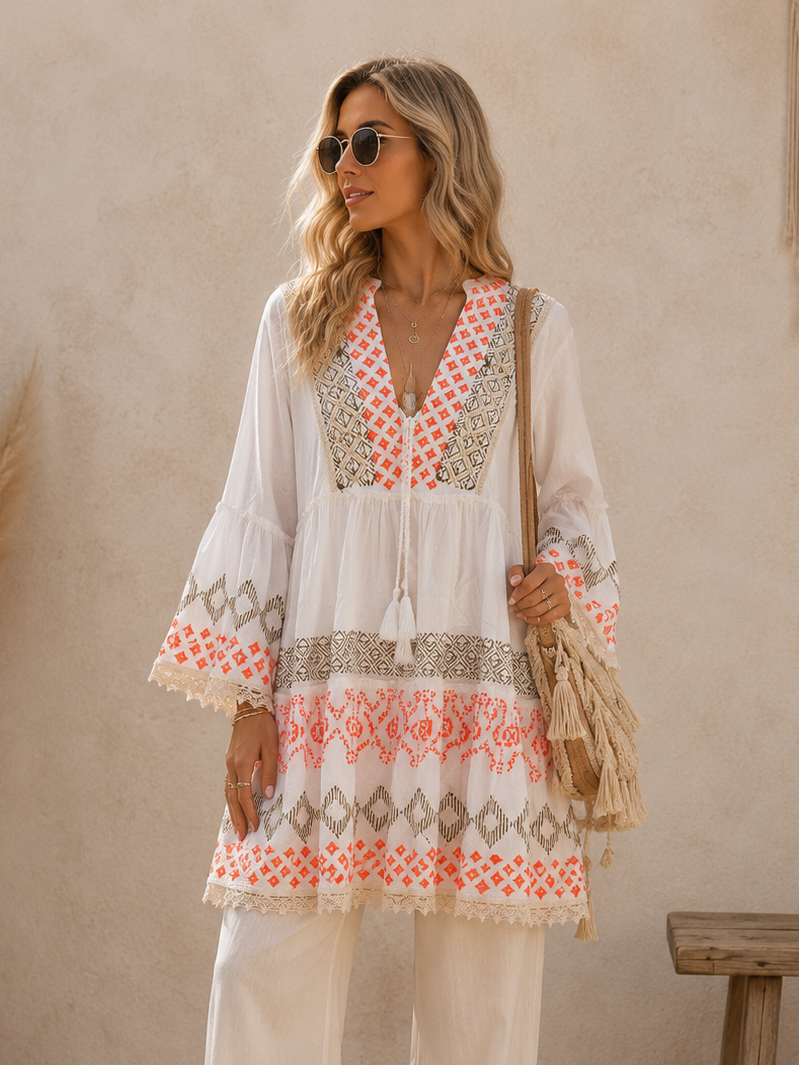 Zahara Embroidered Cotton Tunic Dress Orange