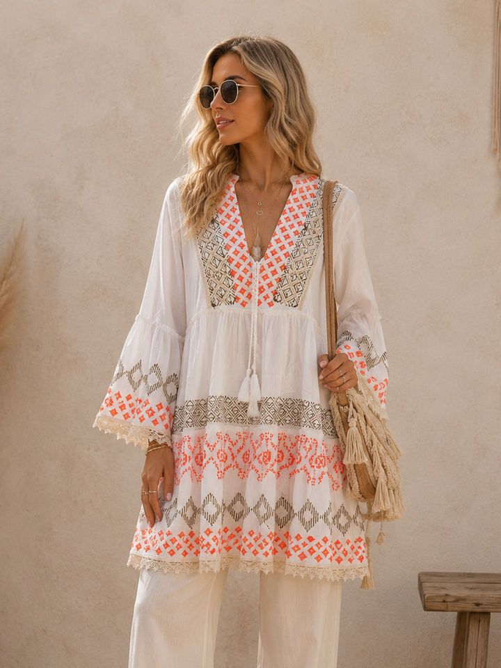 Zahara Embroidered Cotton Tunic Dress Orange